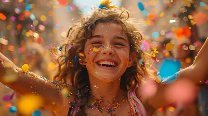 A confetti-filled scene capturing the joy and excitement of the birthday party festivities in full swing