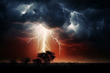 Wall Mural - Dramatic sky with lightning over field at sunset.