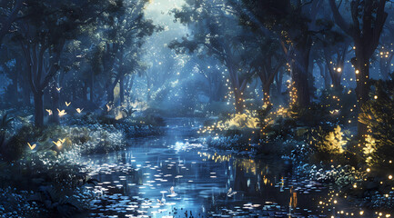 A fantasy forest with glowing fireflies, sparkling water and reflections of stars in the trees