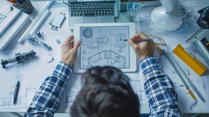 Wall Mural - designer sketches futuristic products with tools and blueprints on a tablet.