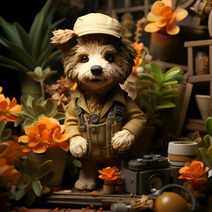Teddy bear in a hat sitting in the garden with flowers.