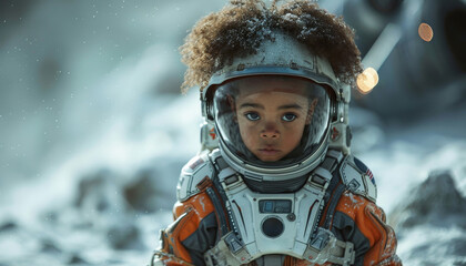 Canvas Print - A child in a space suit is walking through space by AI generated image