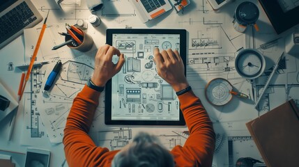 Wall Mural - designer creates innovative future designs on tablet with tools and blueprints.