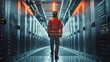 © admin_design - A technician in a hard hat walks through a futuristic data center.