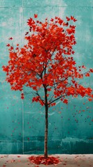 A red tree with leaves on the ground.