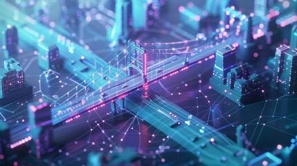Leinwandbilder - A cityscape with a bridge and cars on it. The bridge is lit up with neon lights and the cars are moving. Scene is futuristic and urban