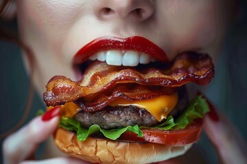 Wall Mural - model eating a big juicy bacon cheese burger