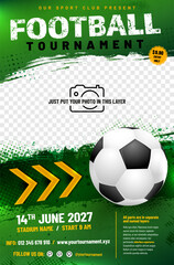 Wall Mural - football or soccer tournament poster template with ball, arrows and place for your photo