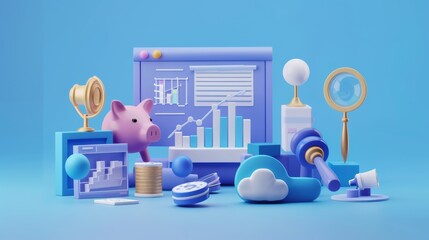 Leinwandbilder - A blue background with a pink piggy bank and a gold trophy on top. The piggy bank is surrounded by coins and a magnifying glass. Concept of saving money and achieving financial goals