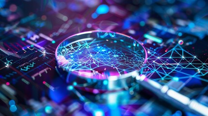 Poster - A magnifying glass is on a computer screen with a blue and purple background. Concept of curiosity and exploration