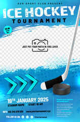 Wall Mural - ice hockey tournament poster template with puck, stick, arrows and place for your photo