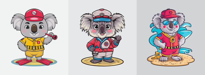 Poster - Koala in lifeguard clothes watches the beach vector, Generative AI