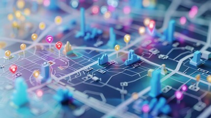 Poster - A colorful city map with many buildings and a lot of traffic lights. The map is full of different colors and shapes, and it looks like a computer-generated image. Scene is lively and bustling
