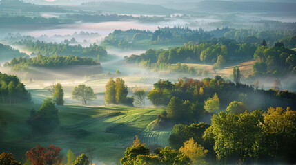 Wall Mural - Misty sunrise over lush green landscape