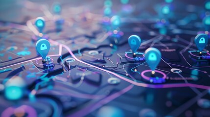 Poster - A blue and purple image of a city with many blue and purple dots that are labeled with the word 