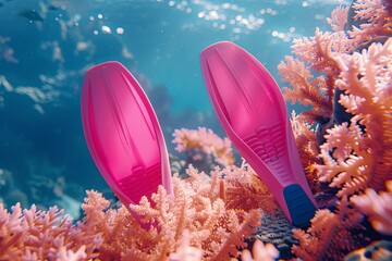 Wall Mural - Banner Space for Text: Swim Fins: A pair of bright swim fins on a soft coral background