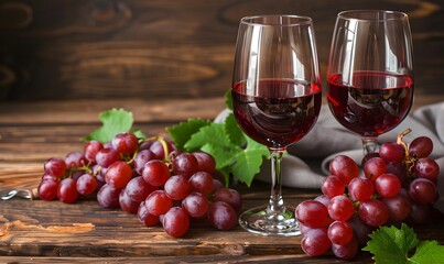 Red wine glasses with grapes, Generative AI