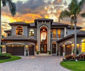 Sticker - beautiful home with three garage doors and lush landscaping at sunset