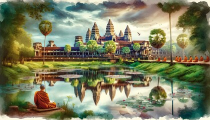 Wall Mural - watercolor painting of the iconic Angkor Wat temple complex in Cambodia. The scene captures the temple's majestic architecture 