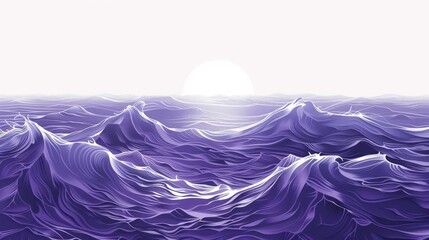 Poster - The image is a computer generated ocean scene with purple waves and a sun in the background. Scene is calm and serene, with the sun setting in the distance