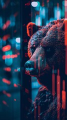 Leinwandbilder - A bear is staring at the camera with a blurry background. The bear is surrounded by a colorful and abstract background, giving the image a surreal and dreamlike quality