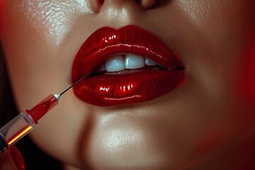Wall Mural - Cropped sensual female lips, procedure lip augmentation. Syringe woman mouth, injections