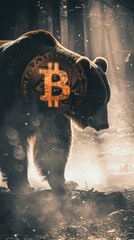 Leinwandbilder - A bear is standing in a forest with a Bitcoin symbol on its back. The bear is surrounded by smoke, giving the image a mysterious and ominous feel