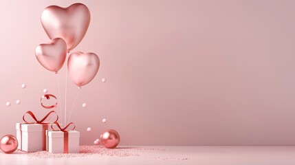 Sticker - Design a minimalist Valentine's Day sale banner using 3D-rendered elements. Feature a pair of heart balloons, a simple gift box