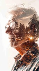 Poster - A man with glasses is the main subject of the image. The background features trees and a sunset, creating a serene and peaceful atmosphere. The man's reflection in the water adds a sense of depth
