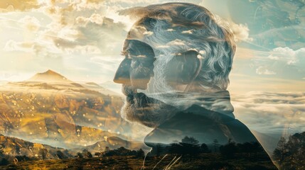 Poster - A man's face is reflected in the water, with mountains in the background. The image has a dreamy, surreal quality to it, as if the man is looking into a mirror that is reflecting the beauty of nature