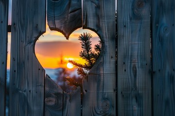 Wall Mural - space for text, a heart shaped hole in the wooden fence, overlooking a beautiful sunset and tall pine tree