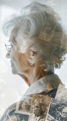Poster - A woman with a white shirt and glasses is the main subject of the image. The image is a collage of different pictures, including some of the woman's family members