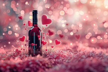 Sticker - Valentine's Day atmosphere, a bottle of red wine on pink grass, hearts