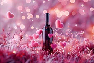 Wall Mural - Valentine's Day atmosphere, a bottle of red wine on pink grass, hearts