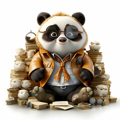 Panda in a leather jacket and glasses sits on a pile of books.