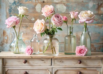 Wall Mural - Beautiful roses in glass vases and vials on an antique wooden chest of drawers. A bouquet of flowers in a vase in a home interior. Light, beige, pink floral background.