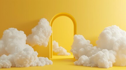 Wall Mural - 3d yellow minimalist room background with dreamy white clouds.