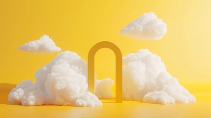 Wall Mural - 3d yellow minimalist room background with dreamy white clouds.