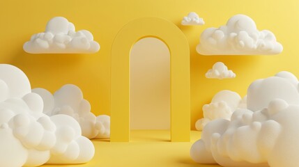 Wall Mural - 3d yellow minimalist room background with dreamy white clouds.