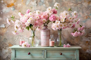 Wall Mural - A beautiful branch of pink sakura in a glass vase and vials on an antique wooden chest of drawers. A bouquet of flowers in a vase in a home interior. Light, beige, pink floral background.