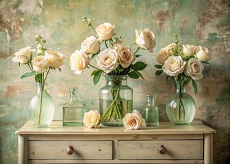 Wall Mural - Beautiful tea, cream roses in glass vases and vials on an antique wooden chest of drawers. A bouquet of flowers in a vase in a home interior. Light, beige, green floral background.