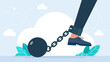 © Yurii - Work problem. Chain with ball attached to leg. The man's leg is chained. Businessman chained to his big heavy debt weight with shackles. Business man corporate slavery concept. Flat illustration