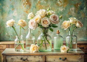 Wall Mural - Beautiful tea, cream roses in glass vases and vials on an antique wooden chest of drawers. A bouquet of flowers in a vase in a home interior. Light, beige, green floral background.