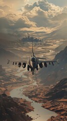 Wall Mural - Lone F-16 flying through a desolate, post-apocalyptic landscape