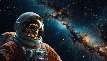 Wall Mural - an astronaut turned into a skull floats in the abyss of space, surrounded by a cosmic ocean of galax