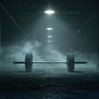 © Ka - Iron barbells on a dark, smoky cinematic background, facilities in the gym for sports training function to increase bone density, shoulder muscles and also triceps