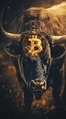 Leinwandbilder - A bull with a B on its head. The bull is surrounded by fire. The bull is a symbol of strength and power. The B on the bull's head represents the cryptocurrency Bitcoin