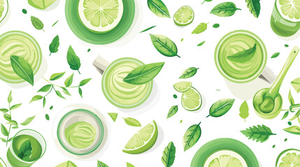  Seamless pattern with green matcha powder food drinks