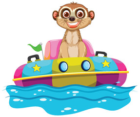 Poster - Cheerful meerkat in a vibrant bumper boat on water