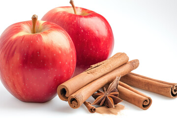 Two apples and a cinnamon stick are on a white background